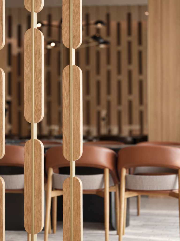 Bespoke oak wood and brass decorative room divider featuring elegant joinery in a luxury Riyadh private residence.