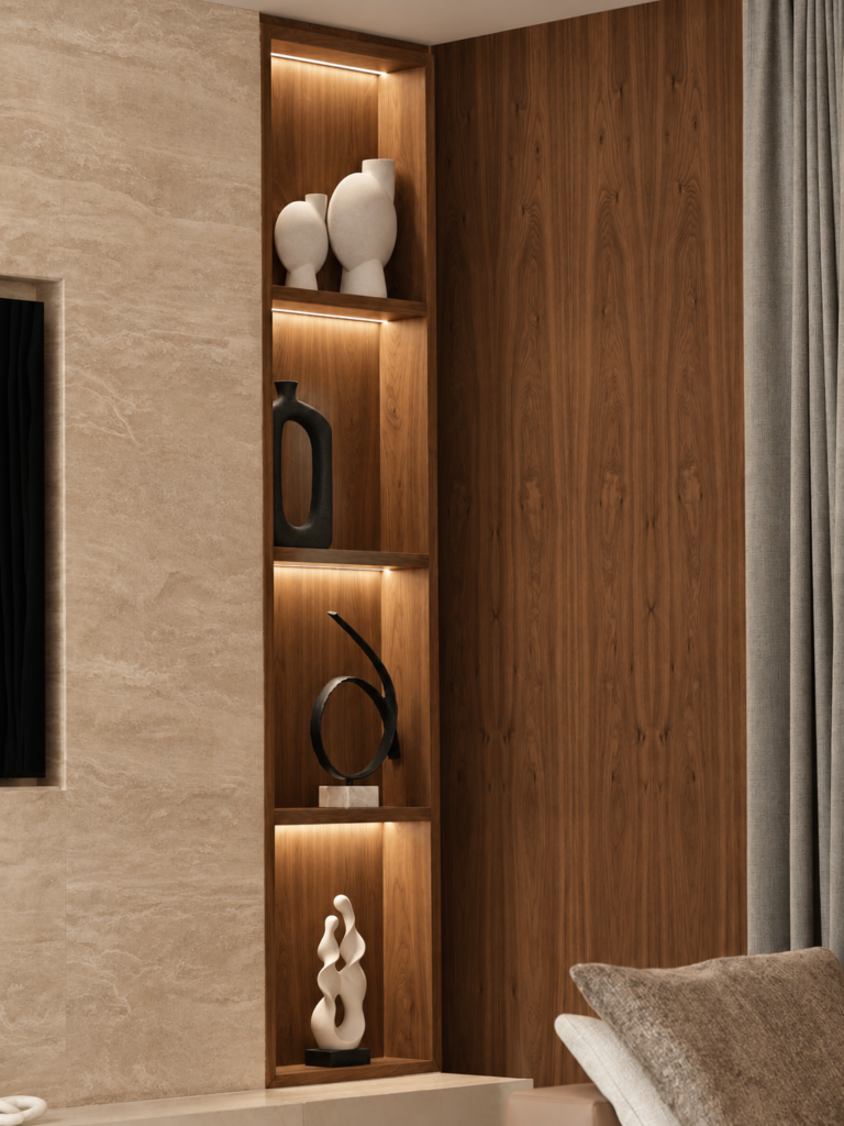 Custom oak wood shelving with integrated LED lighting and decorative art pieces in a luxury private residence Riyadh