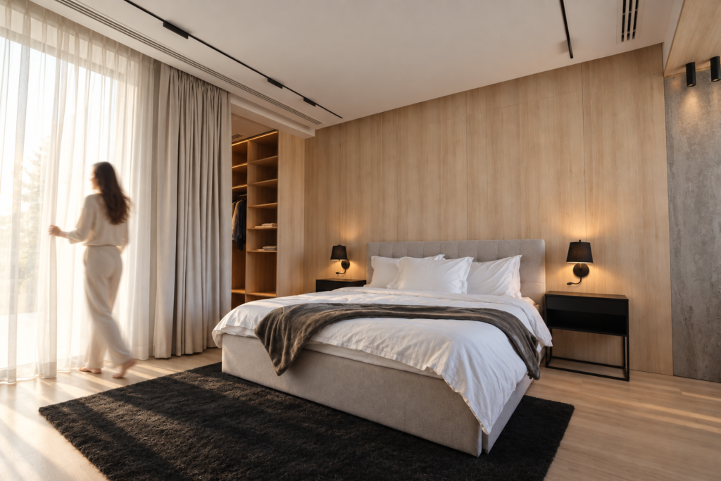 Luxury master bedroom with bespoke oak wall panelling and integrated walk-in wardrobe by Riyadh joinery factory experts.