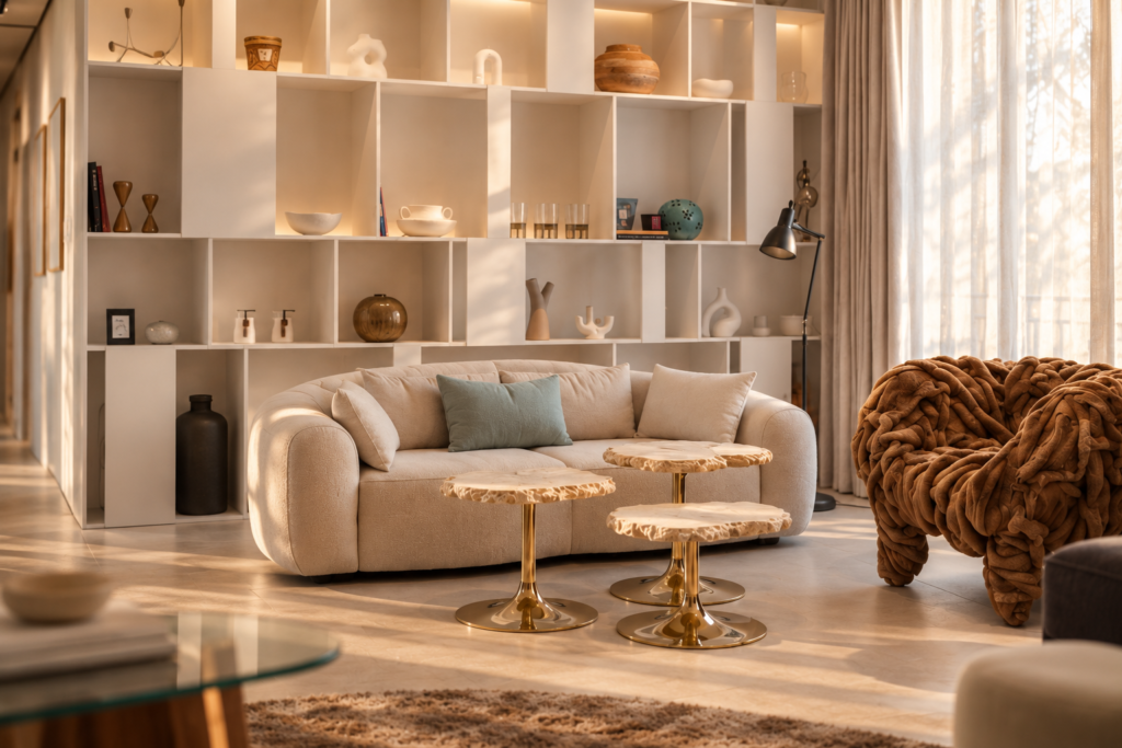 Bespoke floor-to-ceiling modular wood shelving unit in a modern luxury Riyadh private residence interior fit-out project.