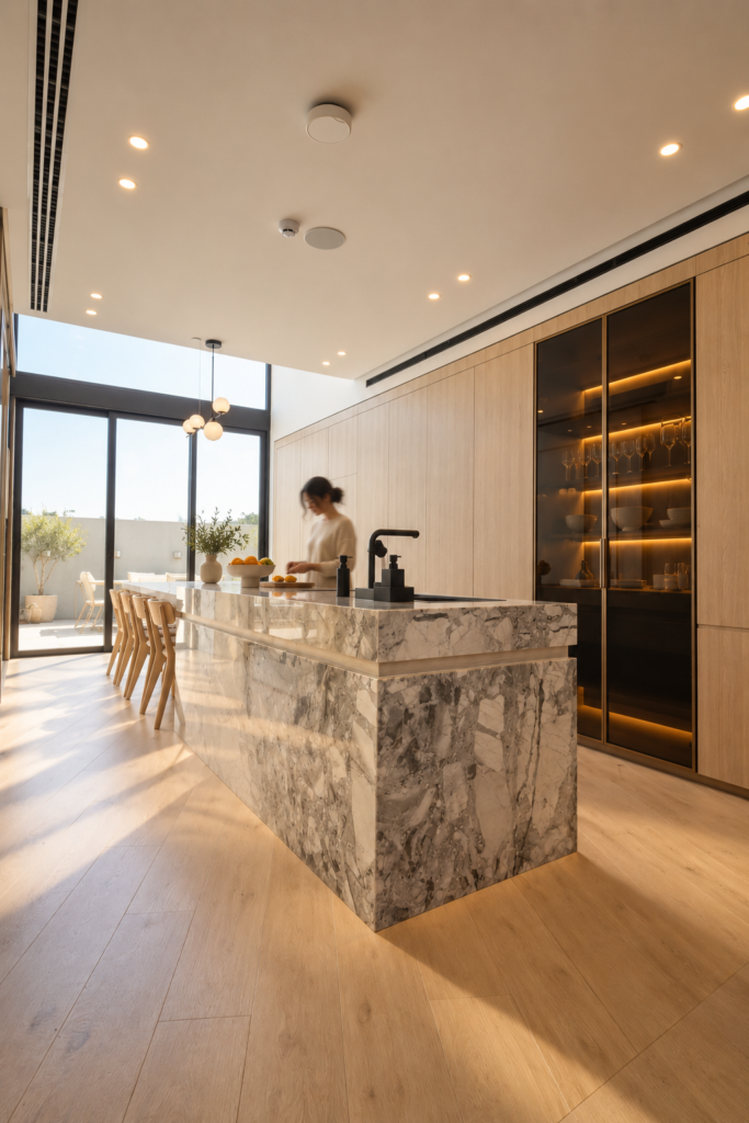 Bespoke luxury show kitchen in a Riyadh residence featuring a marble island and minimalist custom oak joinery designs.