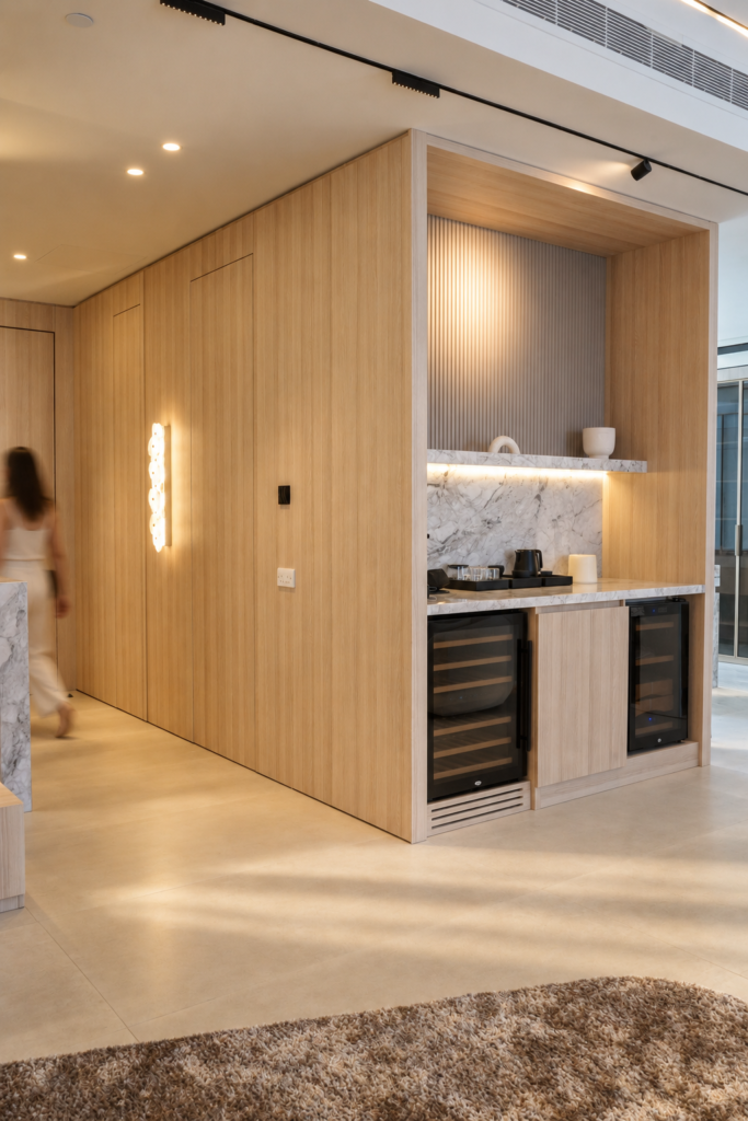 Bespoke oak veneer beverage station and custom interior joinery in a modern luxury Riyadh residence by Unicraft