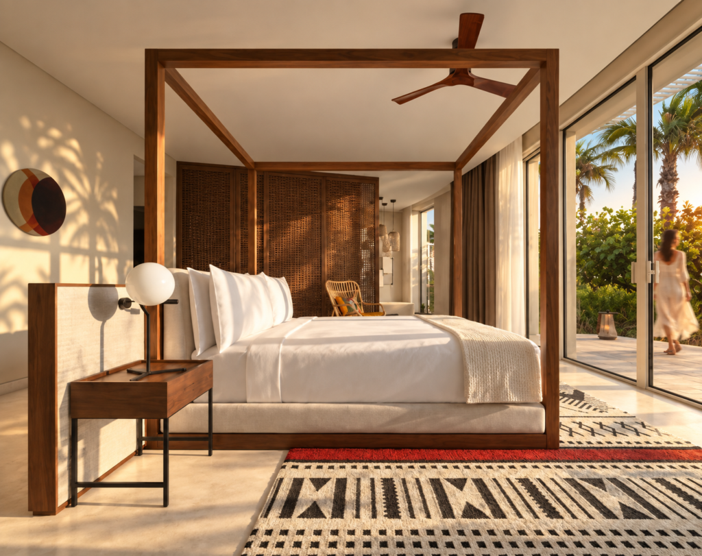 Bespoke timber canopy bed and marine-grade joinery fit-out in an SLS Hotels luxury suite on Shura Island, Red Sea project.