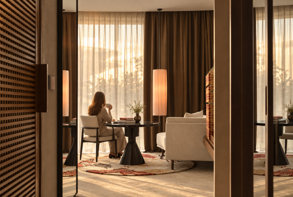Woman relaxing in an SLS Hotels Shura Island suite featuring bespoke luxury joinery, teak woodwork, and warm sunset lighting.