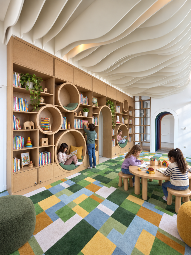 Bespoke wooden children's library joinery with circular reading nooks and kids learning in a bright, modern room.