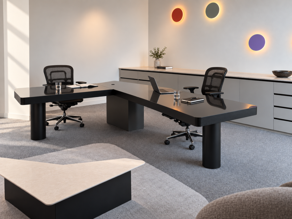 Modern executive office featuring a custom L-shaped black high gloss desk and a matching neutral tone low storage credenza